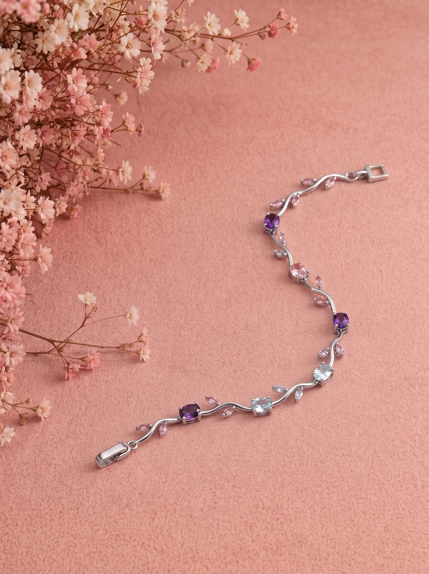 Moonlit Vine Blossom Bracelet | Silver Floral Crystal Bracelet