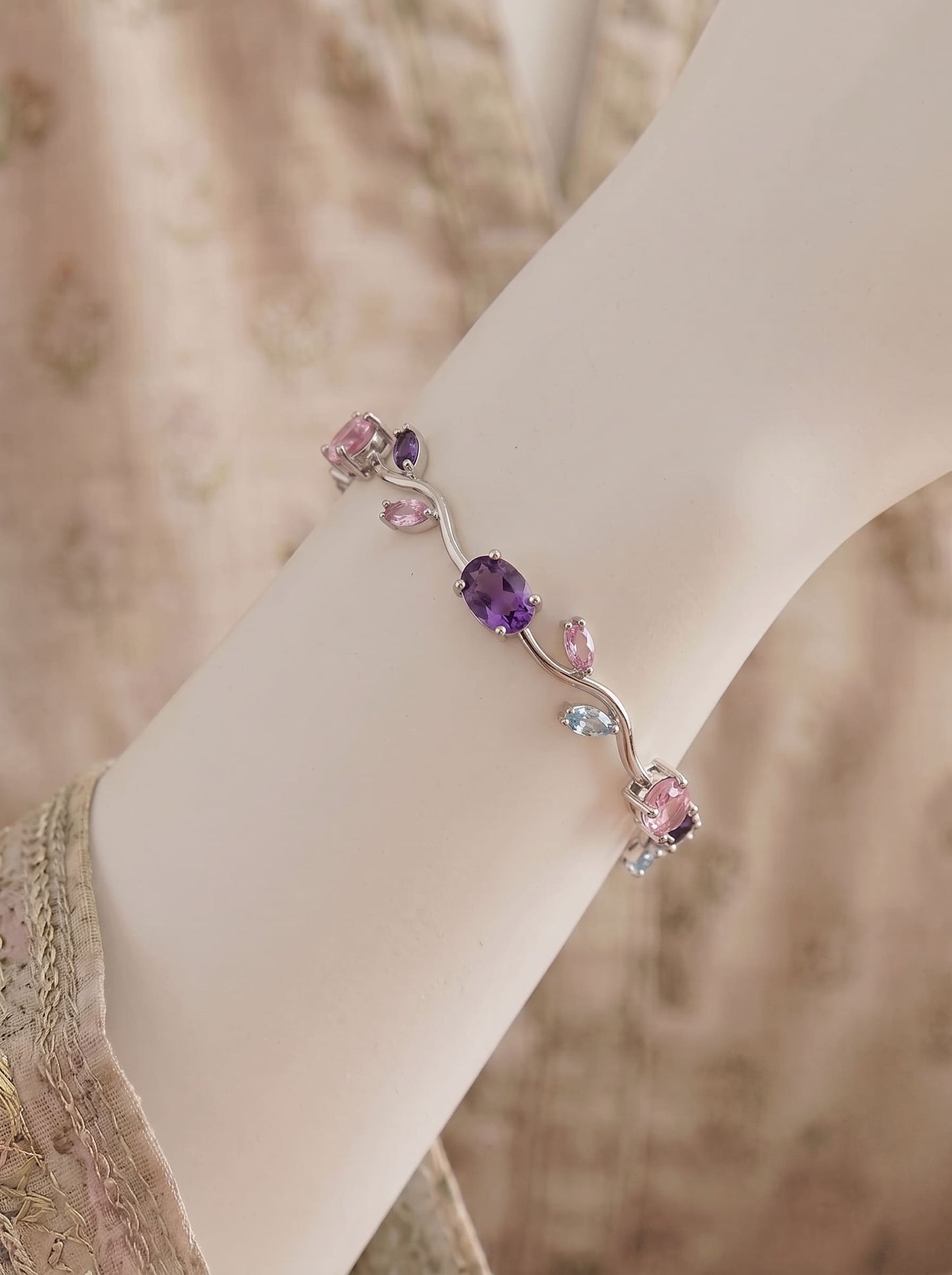 Moonlit Vine Blossom Bracelet | Silver Floral Crystal Bracelet
