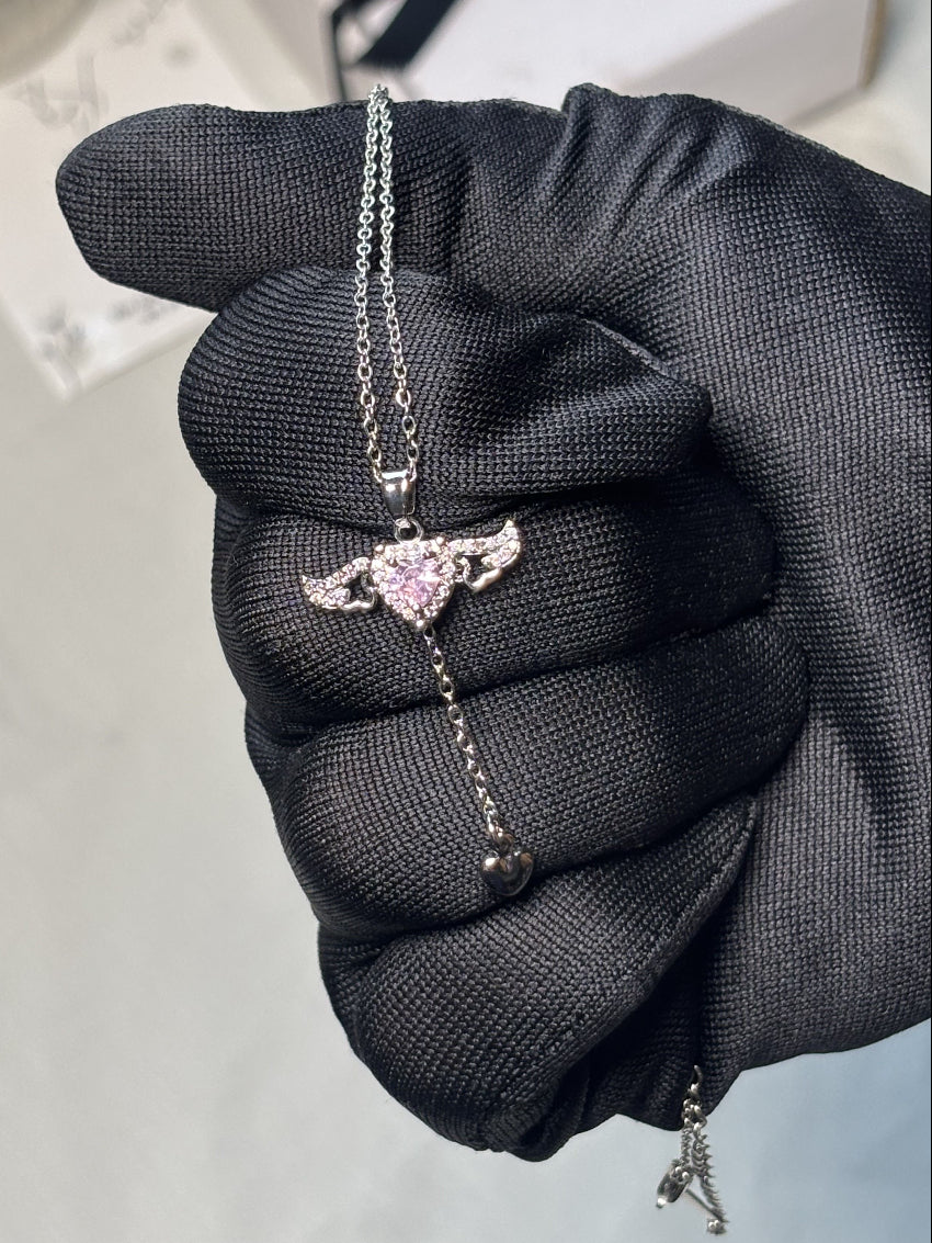 Angel Wing Pink Heart Pendant | Elegant Love Necklace