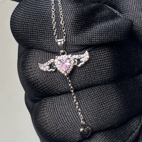 Angel Wing Pink Heart Pendant | Elegant Love Necklace
