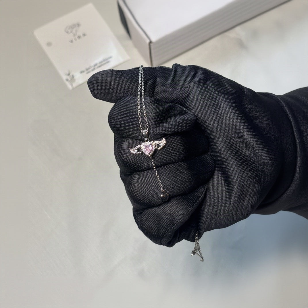 Angel Wing Pink Heart Pendant | Elegant Love Necklace