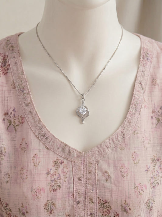 SOLIS Korean Zircon Pendant | White Zircon & Rhodium Finish